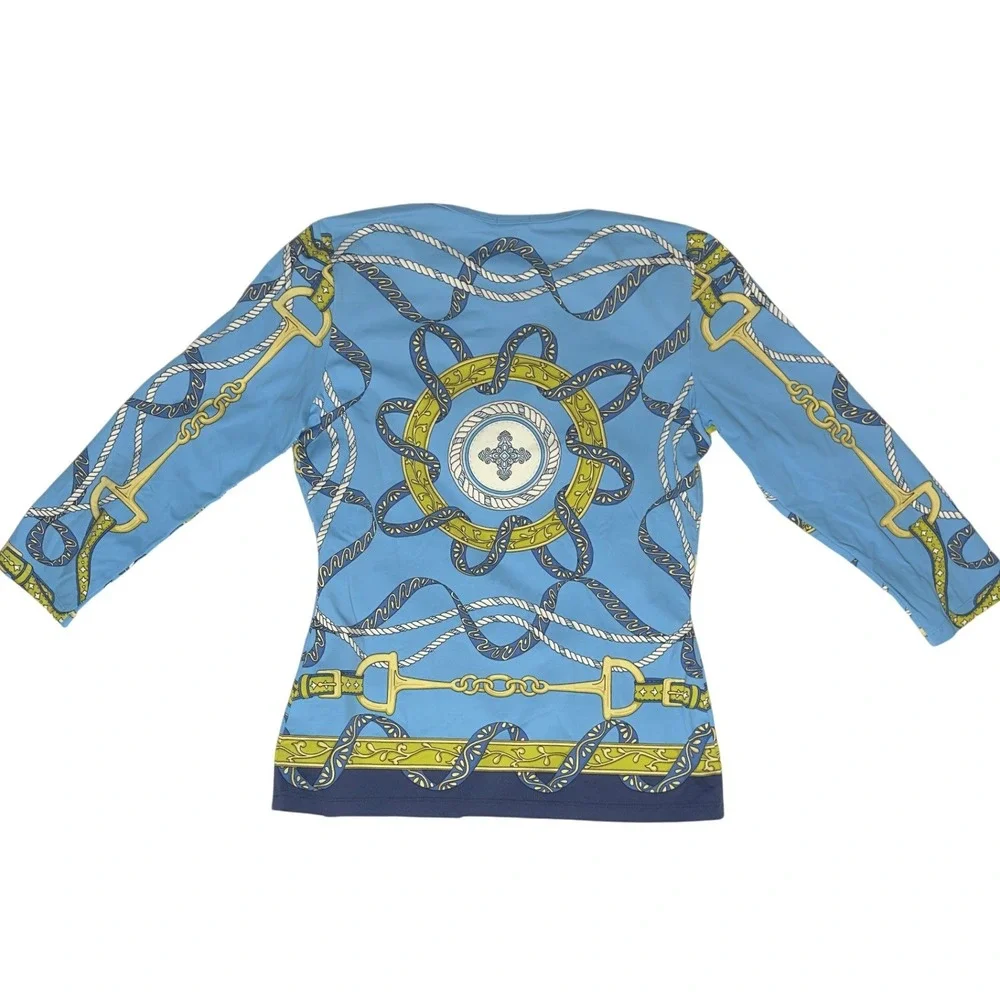 J MCLAUGHLIN Womens Equestrian Print Long Sleeve Designer Classic Top‎ Blue S - Picture 2 of 5